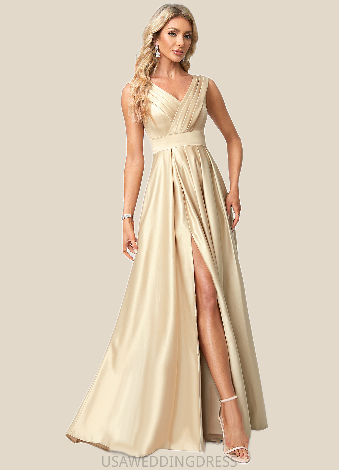Harmony A-line V-Neck Floor-Length Satin Bridesmaid Dress DSP0022612