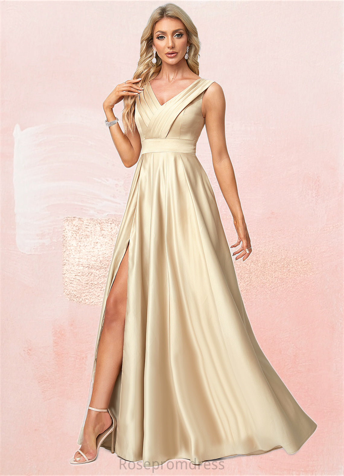 Marcie A-line V-Neck Floor-Length Satin Bridesmaid Dress SRSP0022612