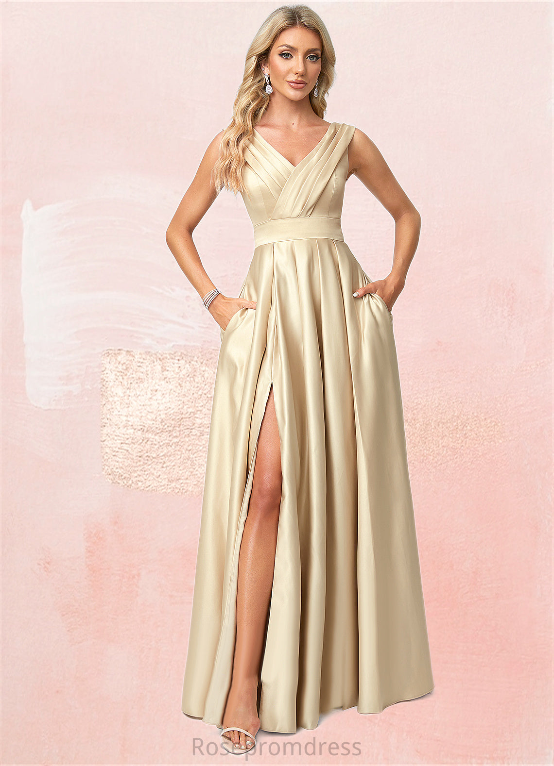 Marcie A-line V-Neck Floor-Length Satin Bridesmaid Dress SRSP0022612