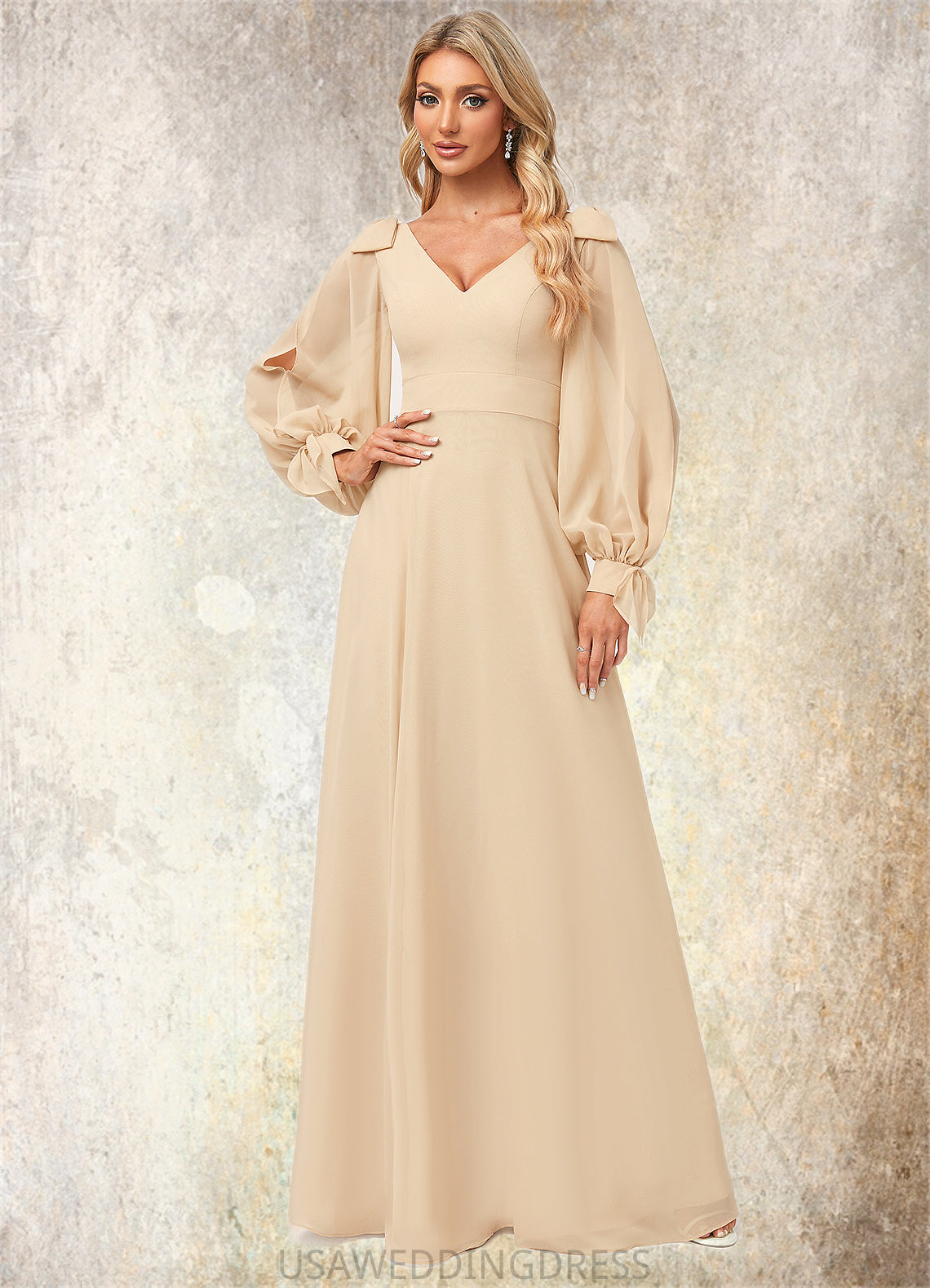 Shelby A-line V-Neck Floor-Length Chiffon Bridesmaid Dress With Bow DSP0022613