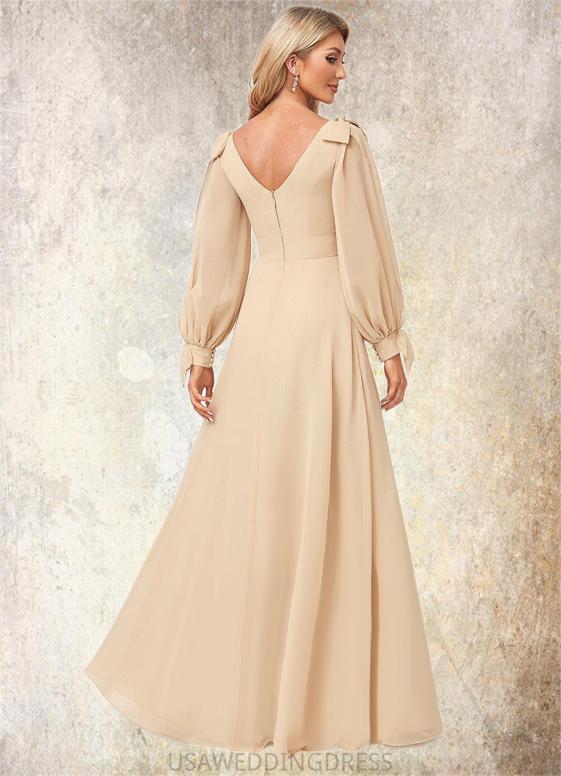 Shelby A-line V-Neck Floor-Length Chiffon Bridesmaid Dress With Bow DSP0022613