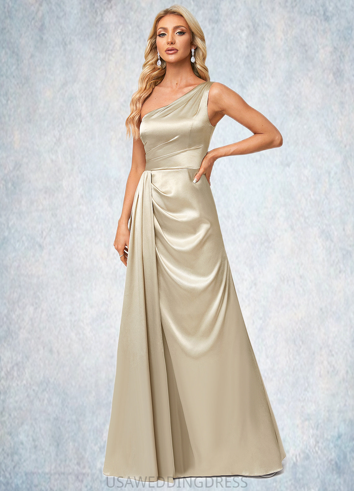 Penny A-line One Shoulder Floor-Length Stretch Satin Bridesmaid Dress With Ruffle DSP0022614