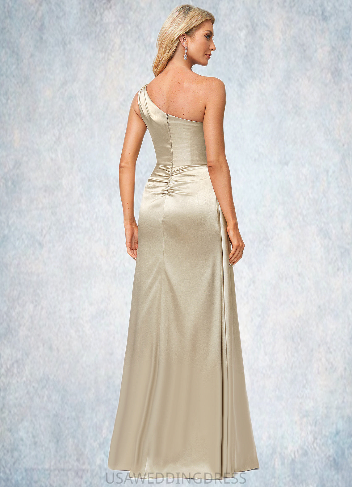 Penny A-line One Shoulder Floor-Length Stretch Satin Bridesmaid Dress With Ruffle DSP0022614