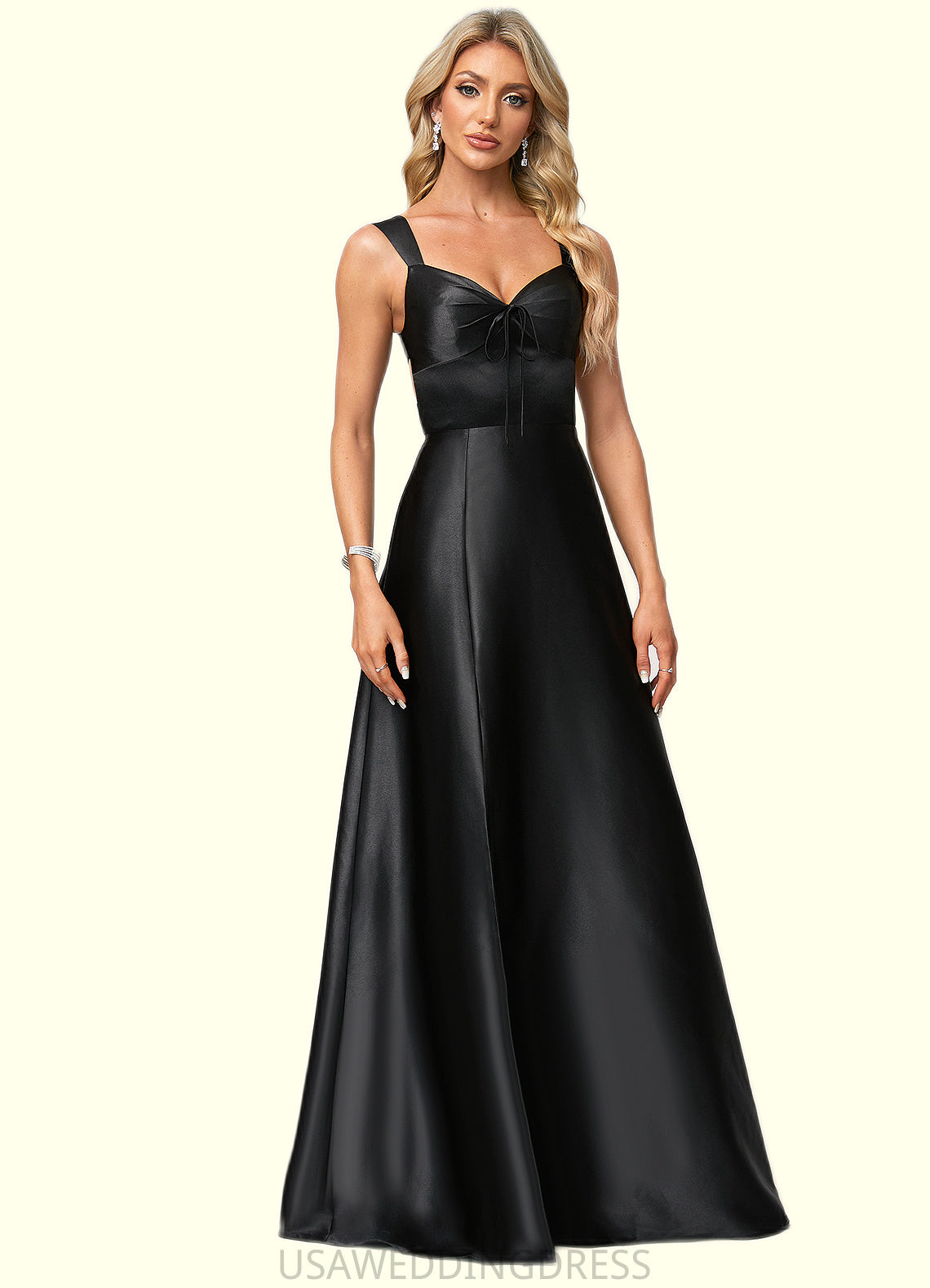Zoey A-line V-Neck Floor-Length Stretch Satin Bridesmaid Dress With Bow DSP0022615