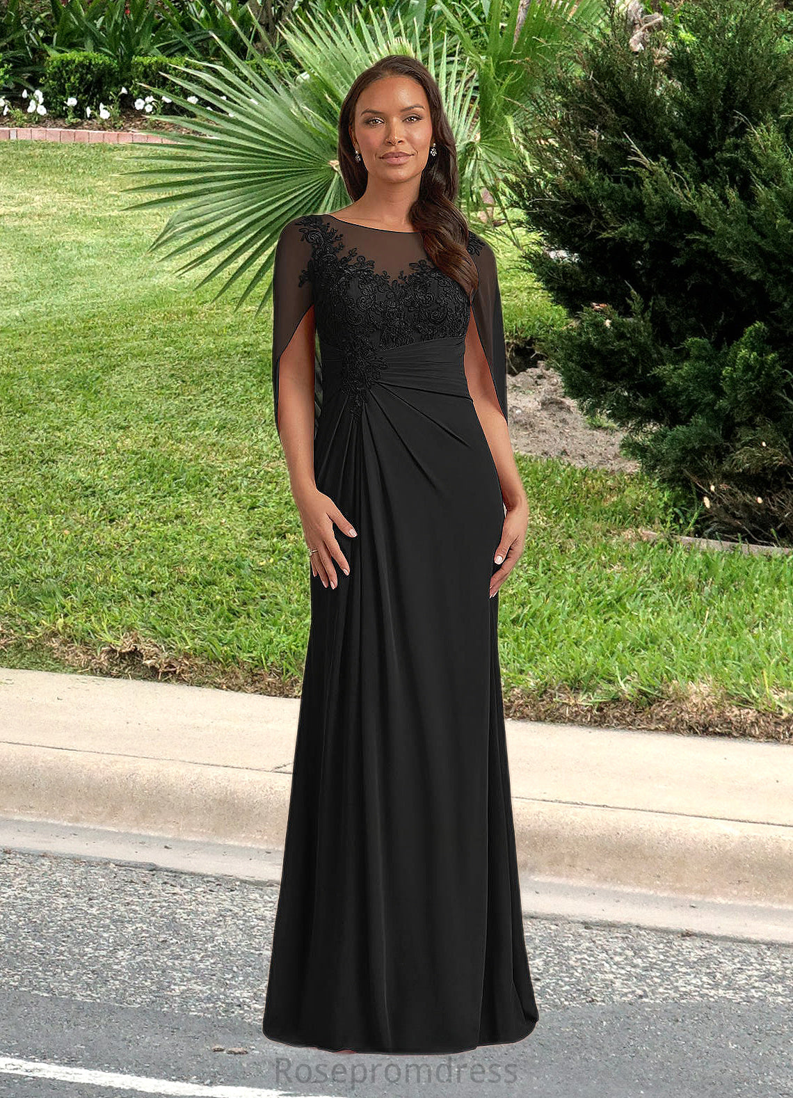 Una A-Line Lace Capelet Chiffon Floor-Length Dress SRSP0022620