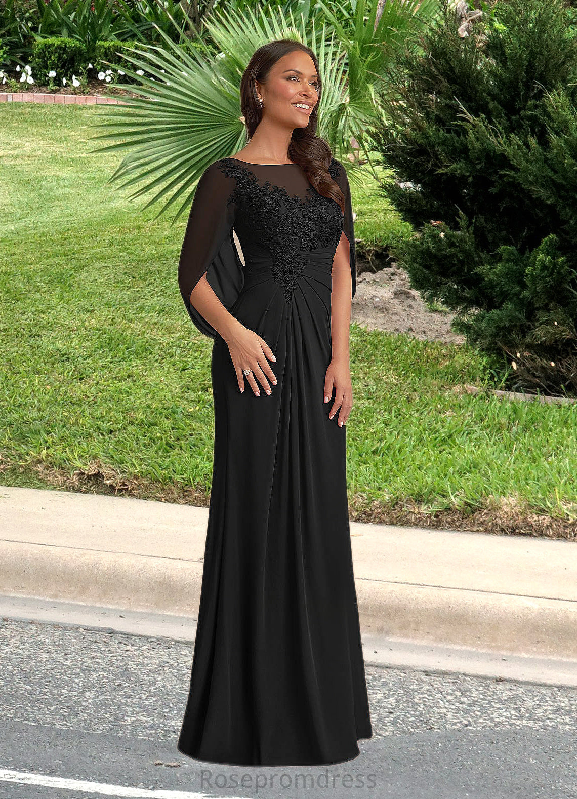 Una A-Line Lace Capelet Chiffon Floor-Length Dress SRSP0022620