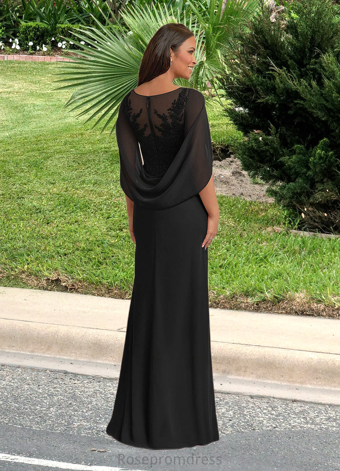 Una A-Line Lace Capelet Chiffon Floor-Length Dress SRSP0022620