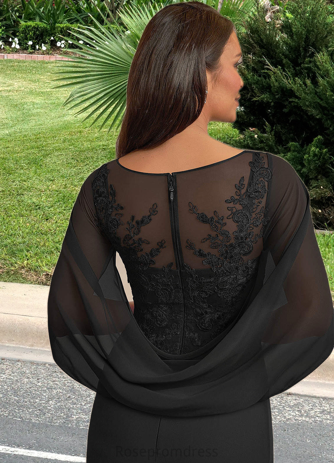 Una A-Line Lace Capelet Chiffon Floor-Length Dress SRSP0022620