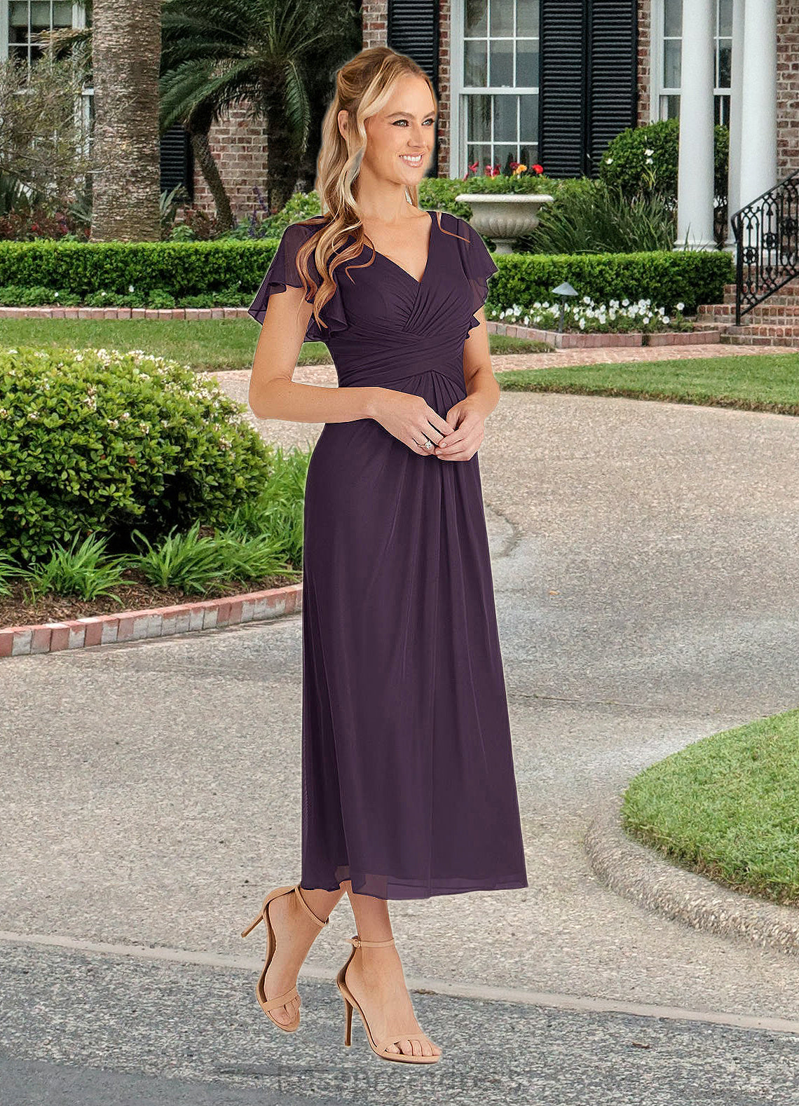 Liz A-Line V-Neck Pleated Mesh Tea-Length Dress SRSP0022626