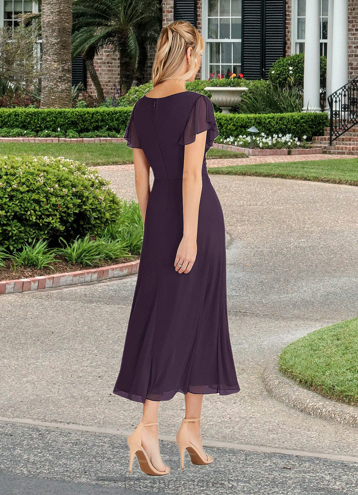 Liz A-Line V-Neck Pleated Mesh Tea-Length Dress SRSP0022626