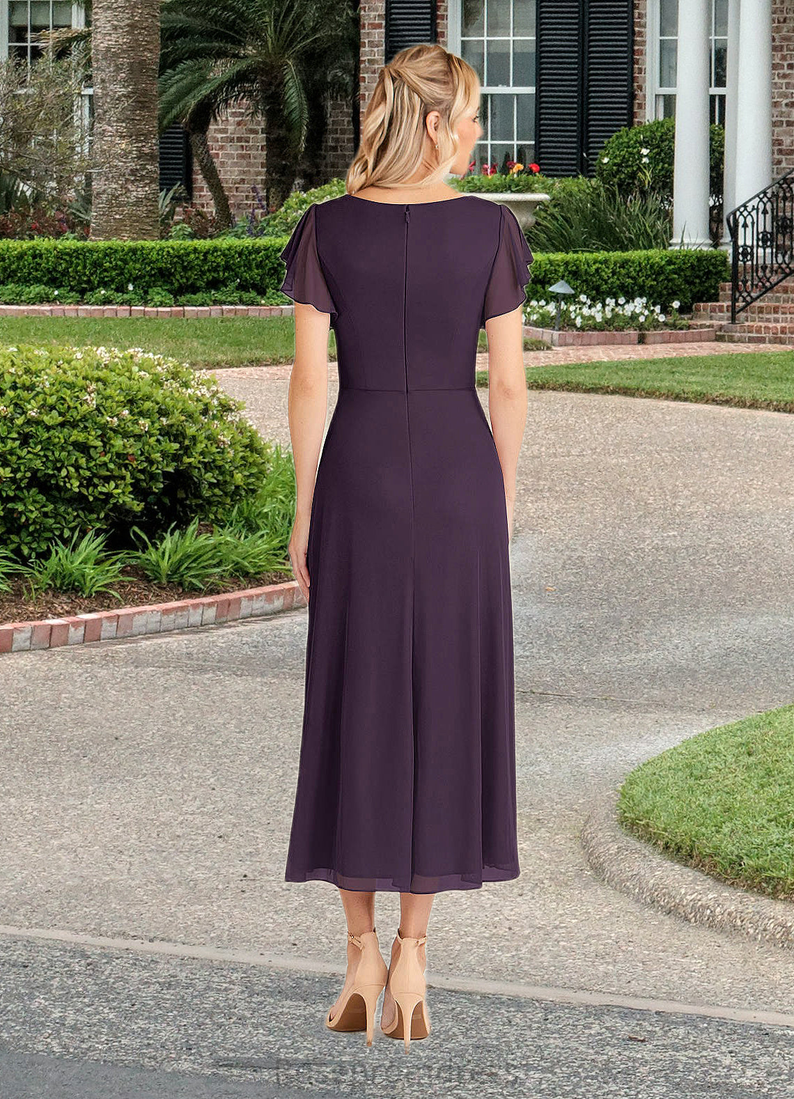 Liz A-Line V-Neck Pleated Mesh Tea-Length Dress SRSP0022626