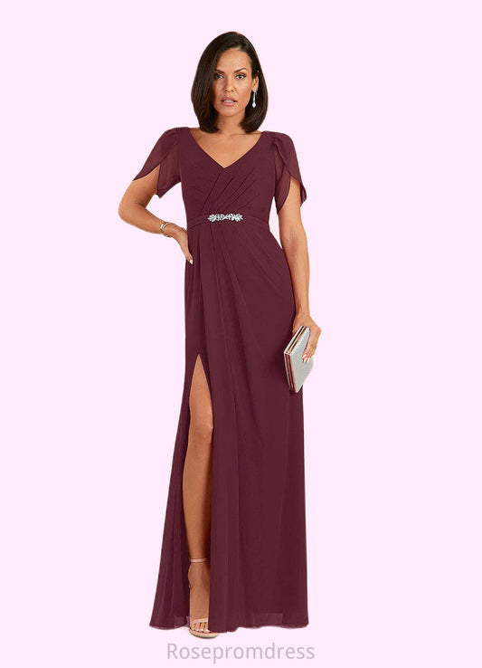 Muriel Sheath V-Neck Pleated Chiffon Floor-Length Dress SRSP0022630