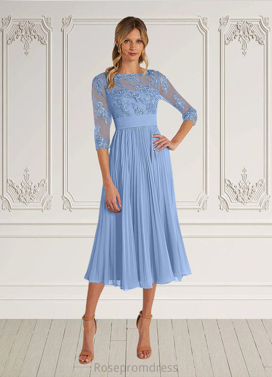 Natalya A-Line Boatneck Lace Chiffon Tea-Length Dress SRSP0022636