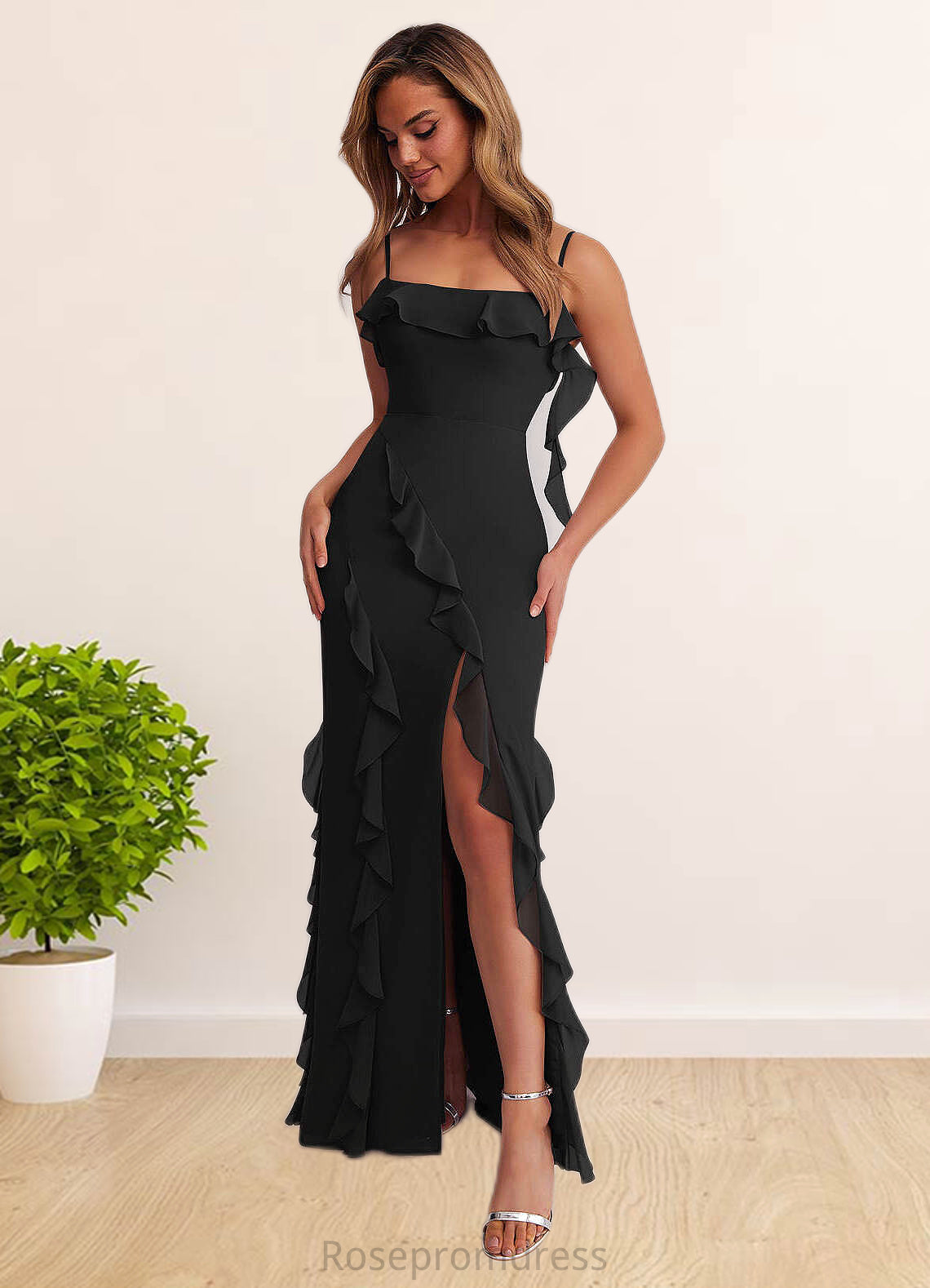 Mira Chiffon Ruffle Column Dress with Leg Slit black SRSP0022703