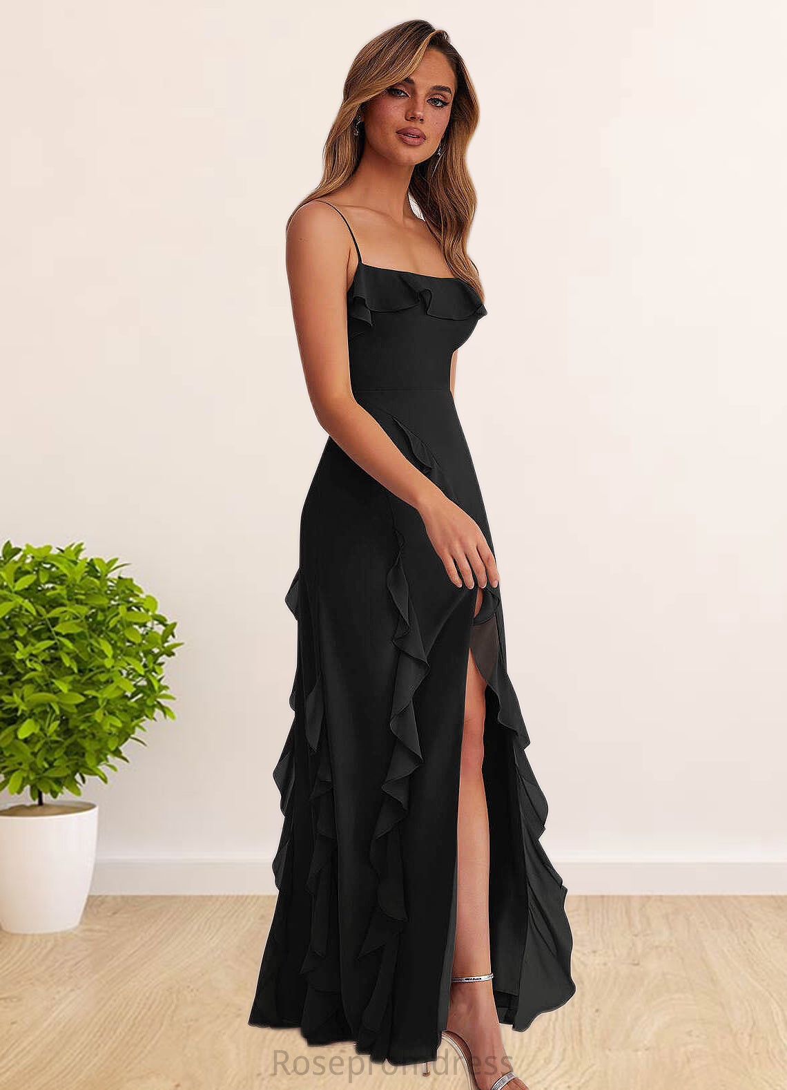 Mira Chiffon Ruffle Column Dress with Leg Slit black SRSP0022703