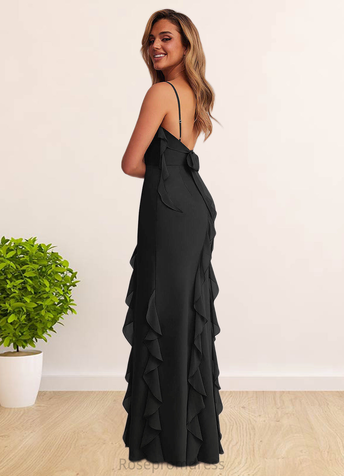 Mira Chiffon Ruffle Column Dress with Leg Slit black SRSP0022703