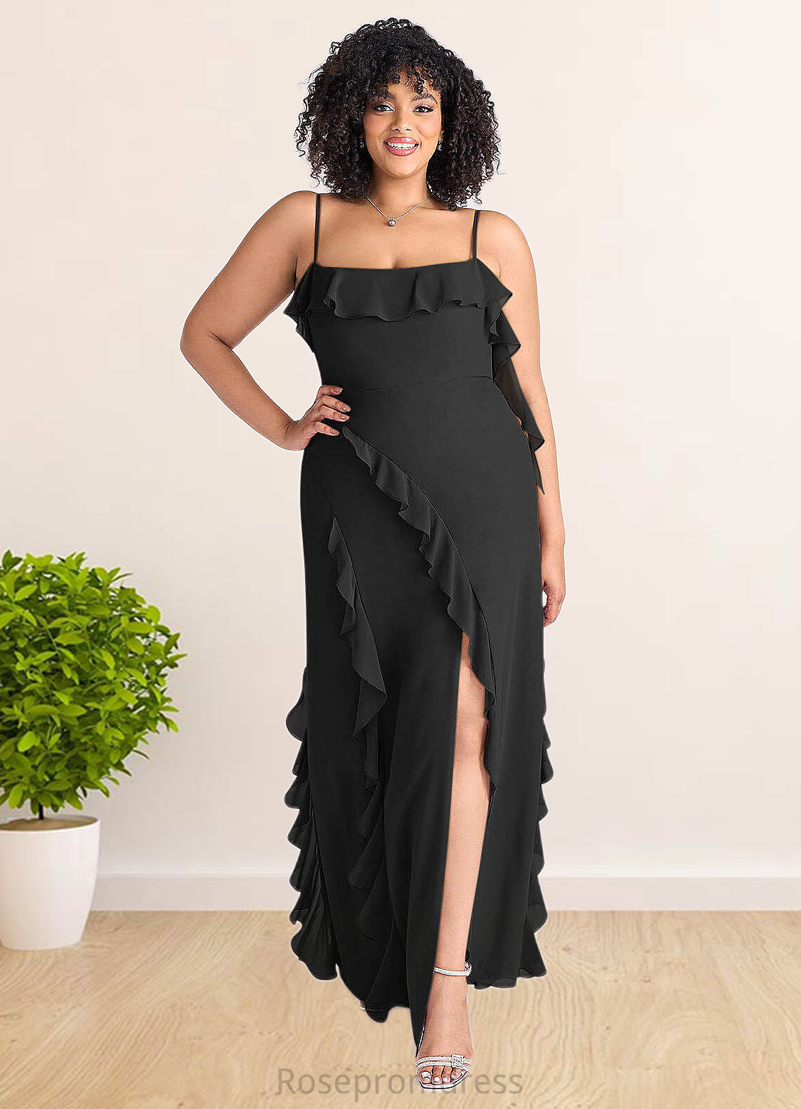 Mira Chiffon Ruffle Column Dress with Leg Slit black SRSP0022703