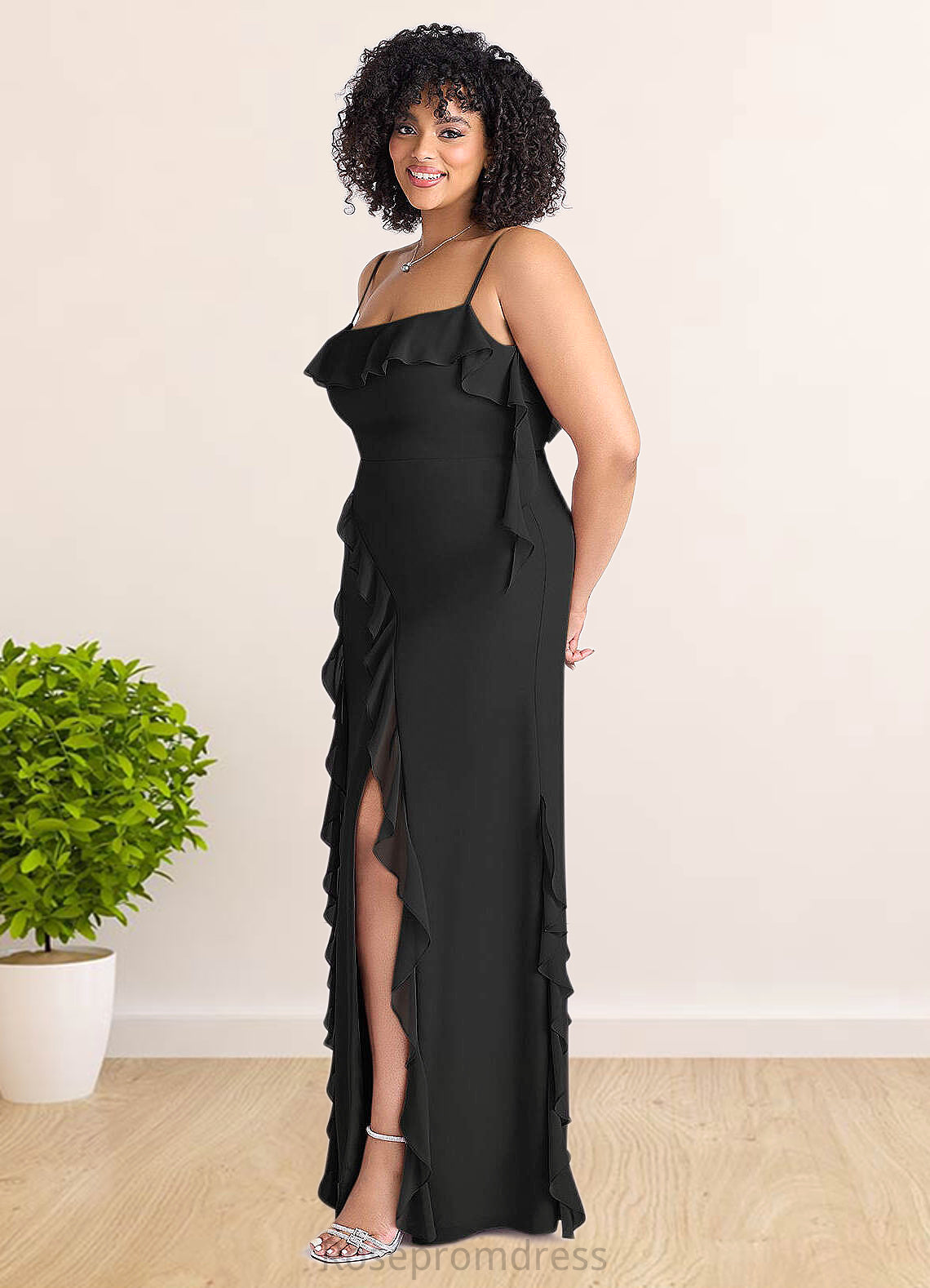 Mira Chiffon Ruffle Column Dress with Leg Slit black SRSP0022703
