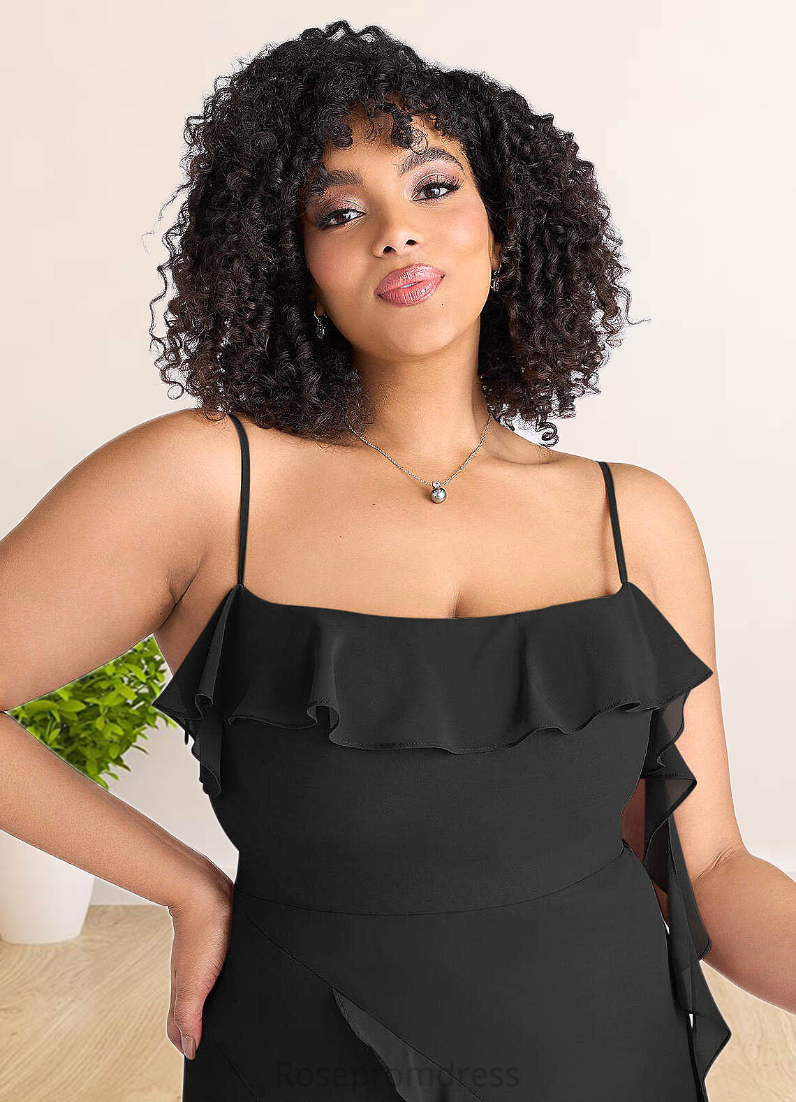 Mira Chiffon Ruffle Column Dress with Leg Slit black SRSP0022703