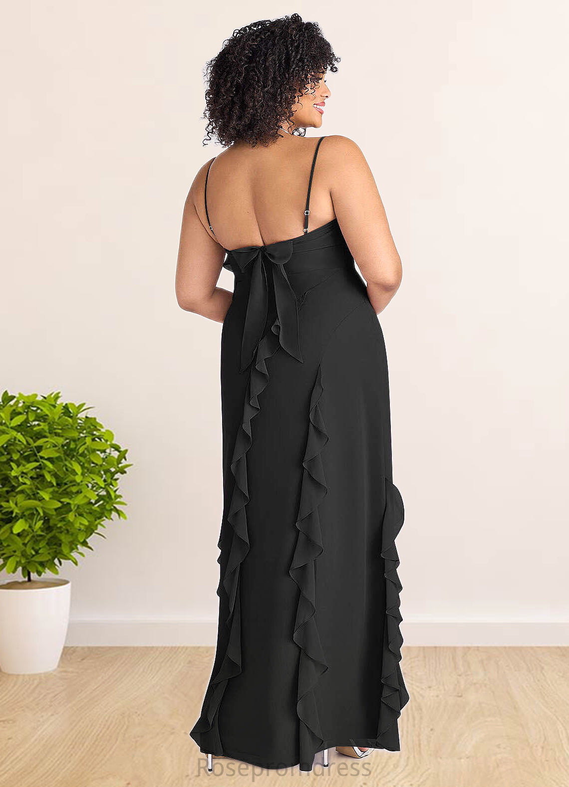 Mira Chiffon Ruffle Column Dress with Leg Slit black SRSP0022703