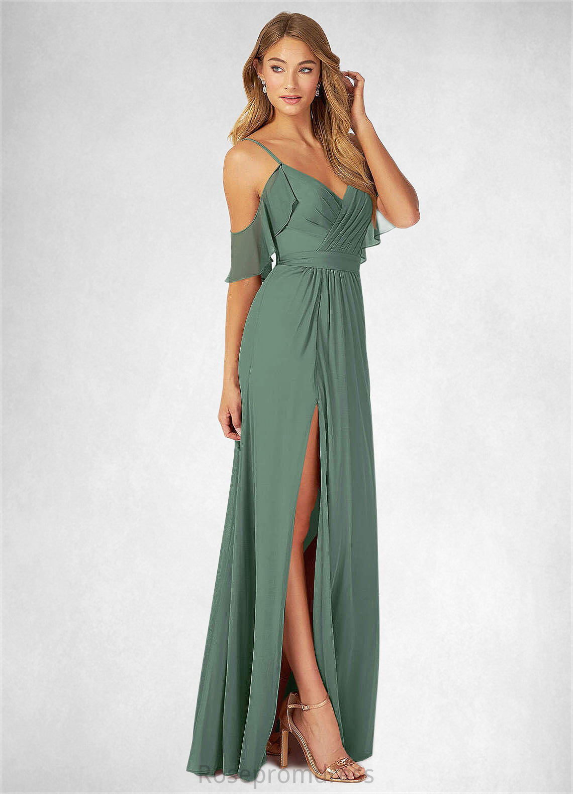 Kayla A-Line V-neck Ruched Mesh Floor-Length Dress Eucalyptus SRSP0022714