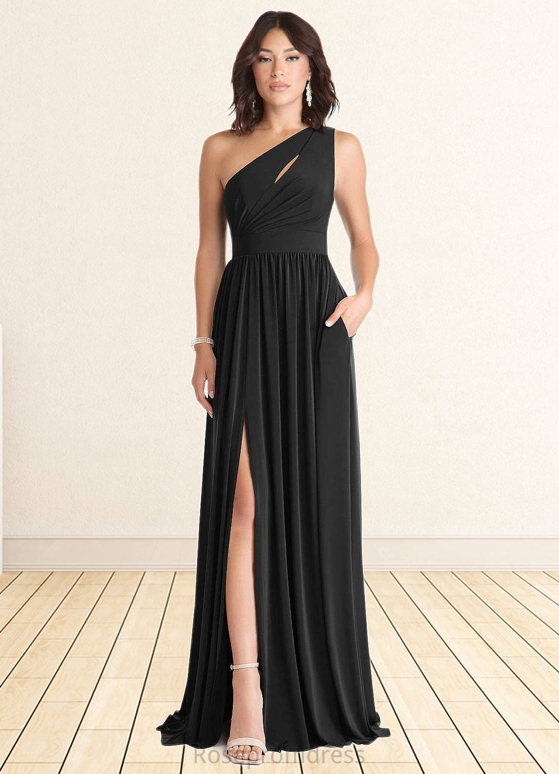 Carla A-Line One Shoulder Luxe Knit Floor-Length Dress black SRSP0022721