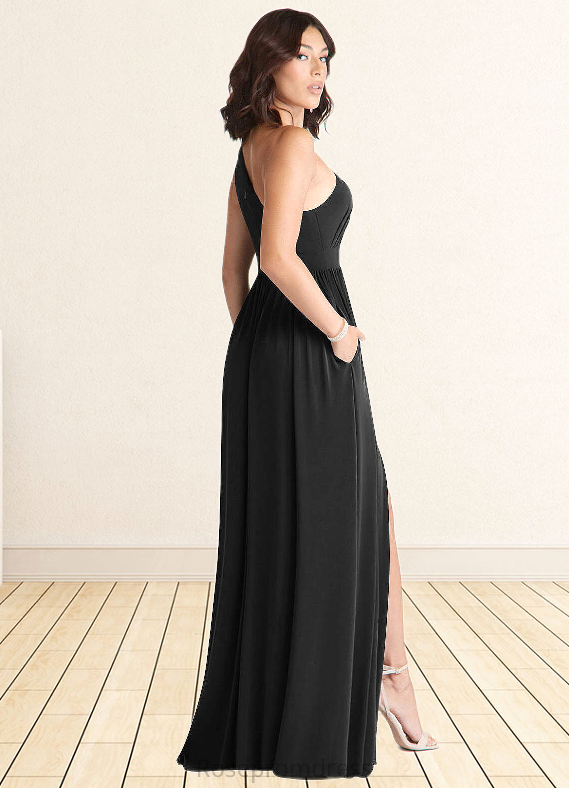 Carla A-Line One Shoulder Luxe Knit Floor-Length Dress black SRSP0022721