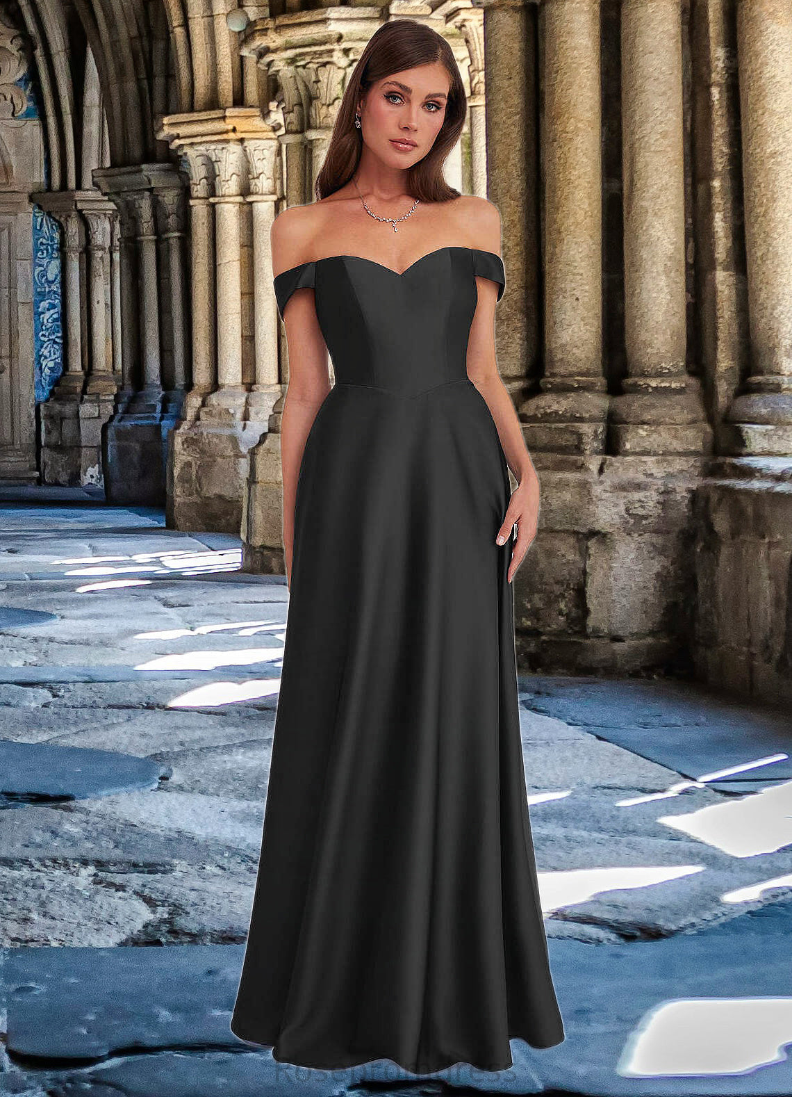 Miley Off Shoulder Dropwaist Stretch Satin Ball Gown black SRSP0022726