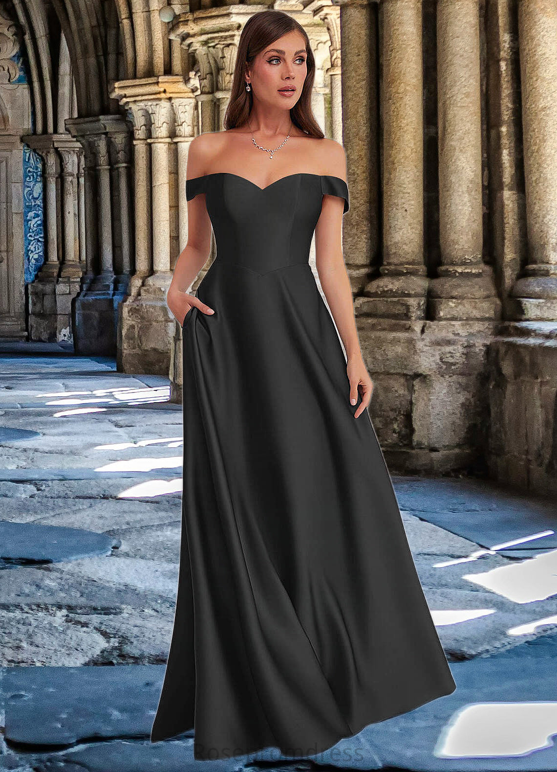 Miley Off Shoulder Dropwaist Stretch Satin Ball Gown black SRSP0022726