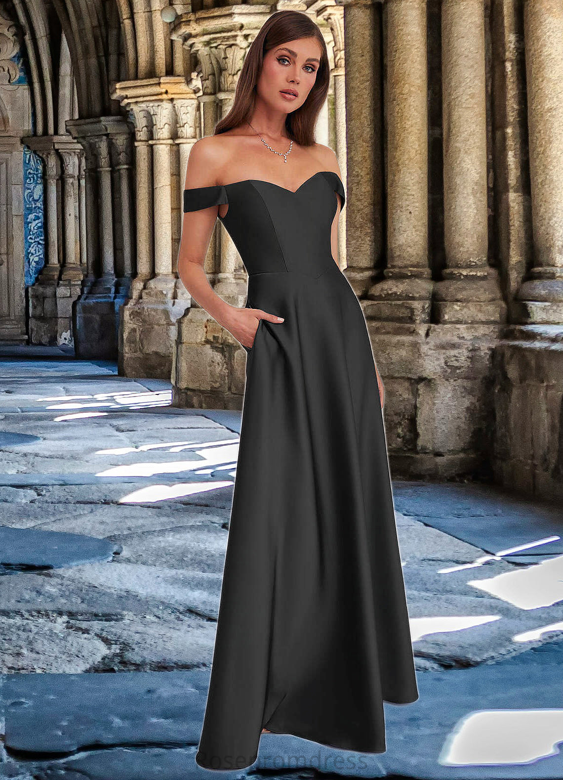 Miley Off Shoulder Dropwaist Stretch Satin Ball Gown black SRSP0022726