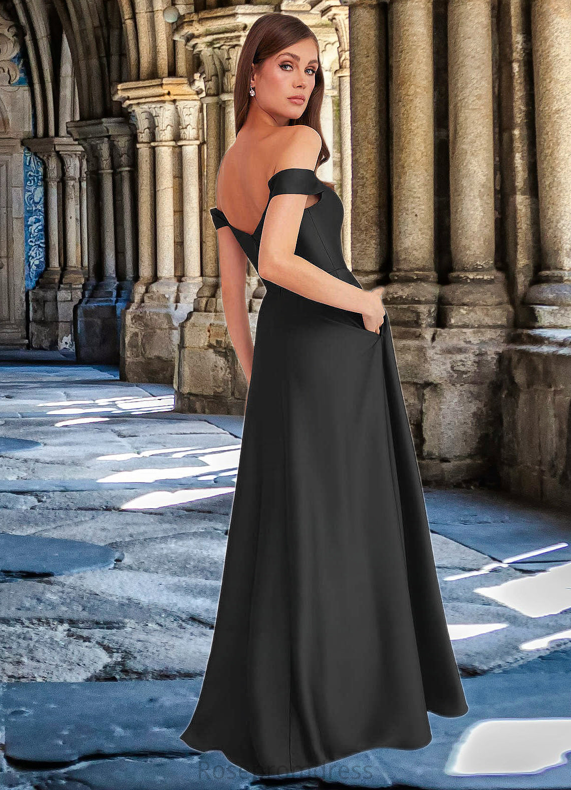 Miley Off Shoulder Dropwaist Stretch Satin Ball Gown black SRSP0022726