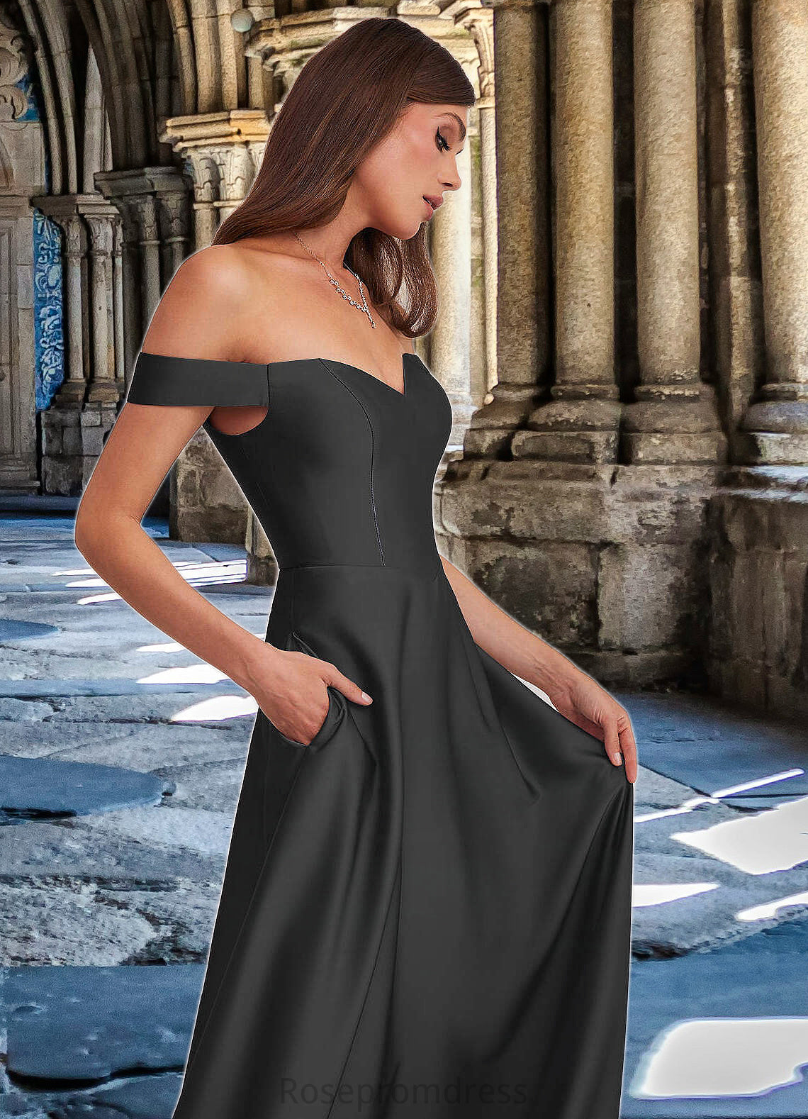 Miley Off Shoulder Dropwaist Stretch Satin Ball Gown black SRSP0022726