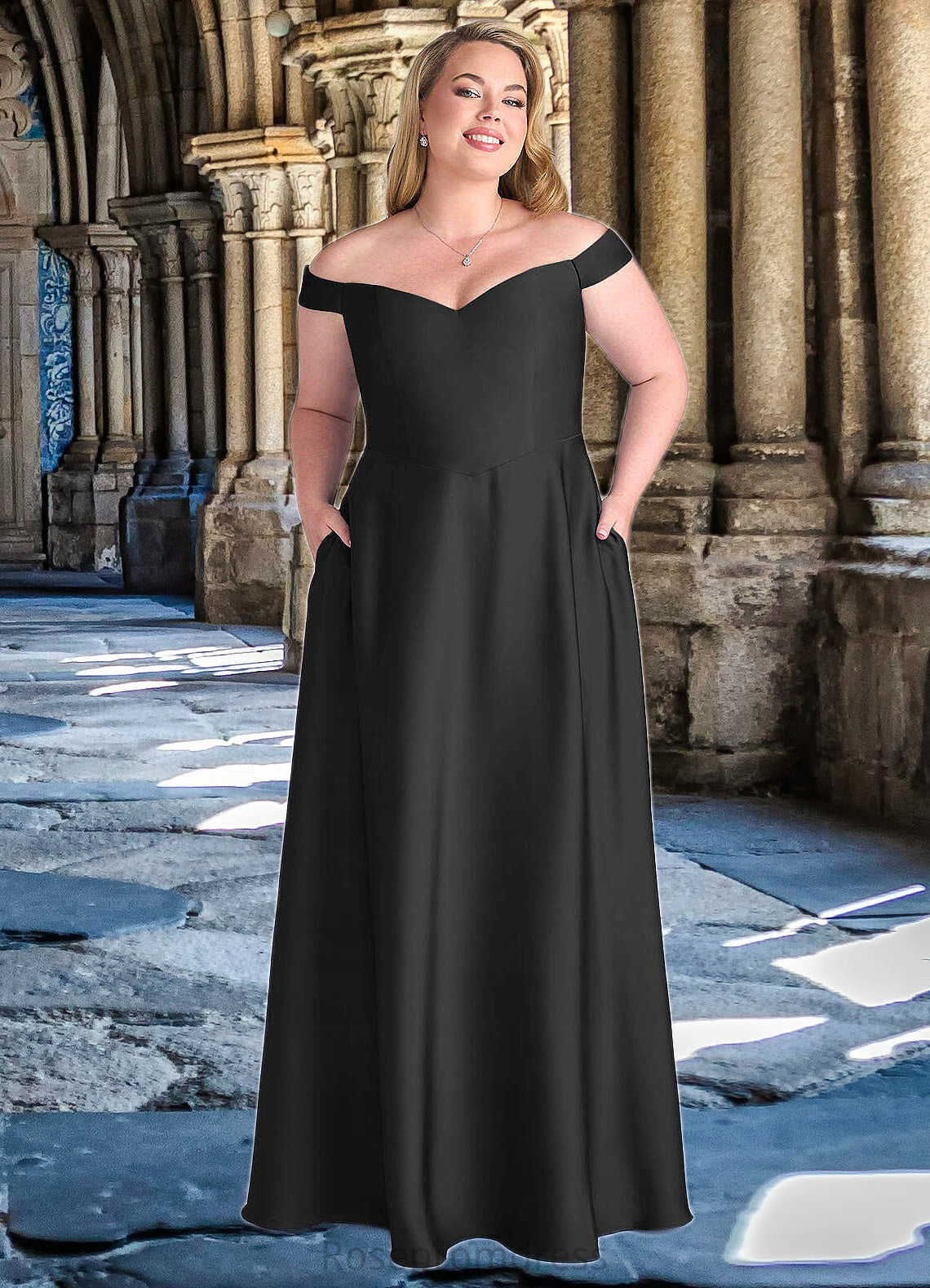 Miley Off Shoulder Dropwaist Stretch Satin Ball Gown black SRSP0022726