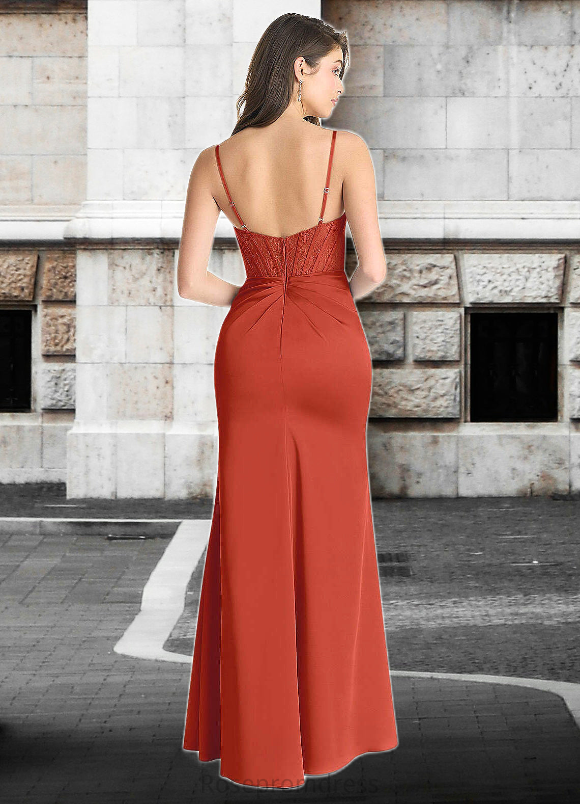 Desirae Sheath Lace Stretch Satin Floor-Length Dress Rust SRSP0022732