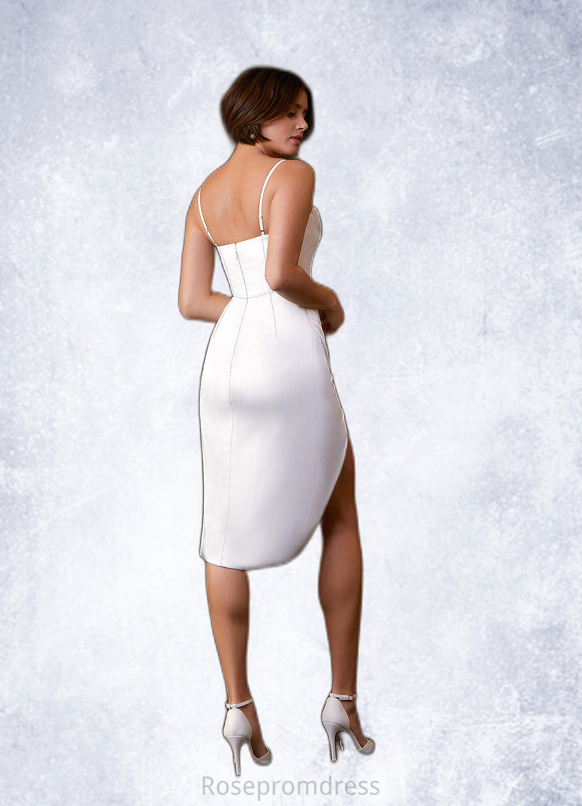 Moriah Sheath Cowl Neckline Pleated Stretch Satin Knee-Length Dress Diamond White SRSP0022762