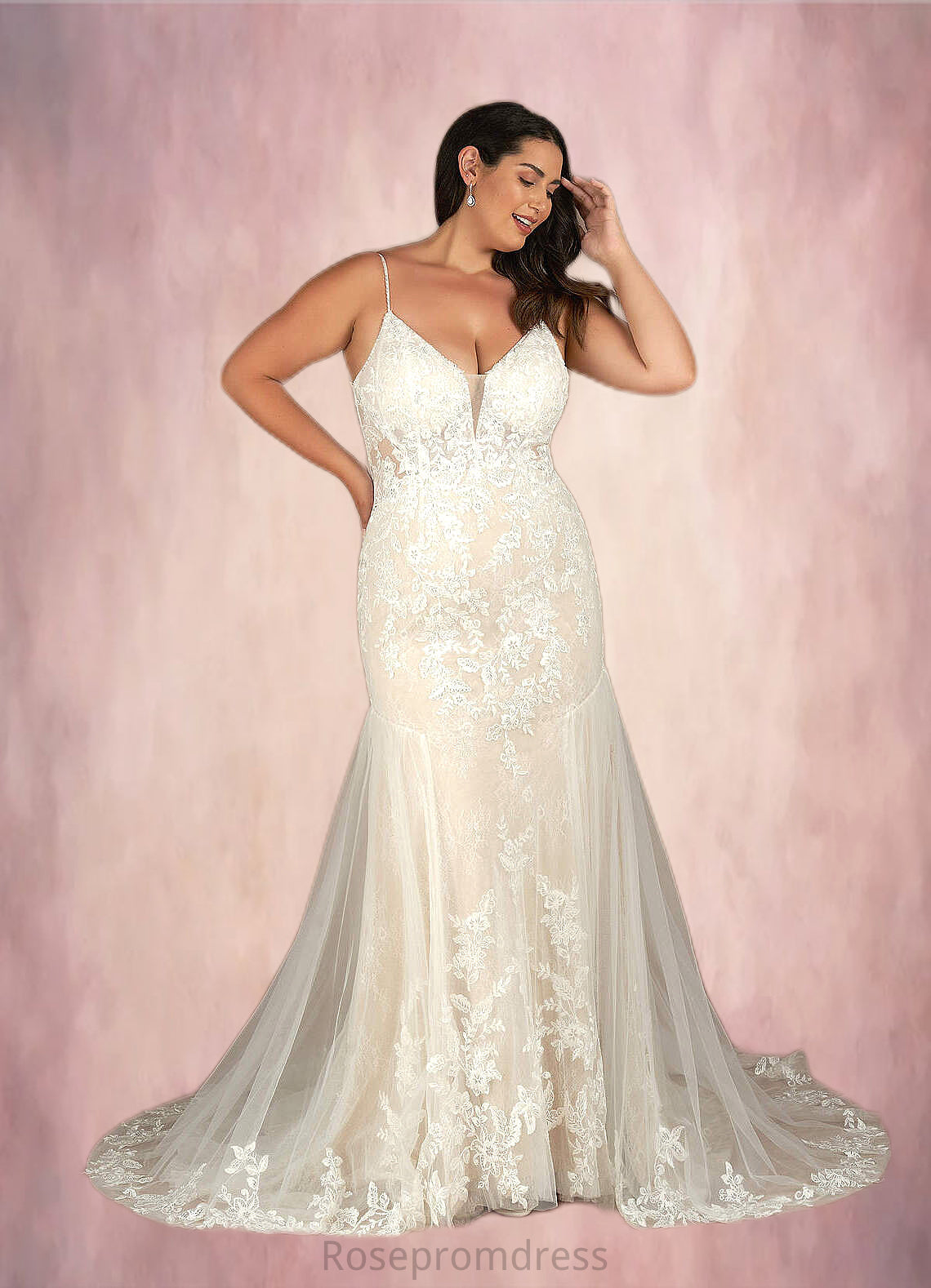 Johanna Mermaid V-Neck Sequins Tulle Cathedral Train Dress Diamond White/Champagne SRSP0022765