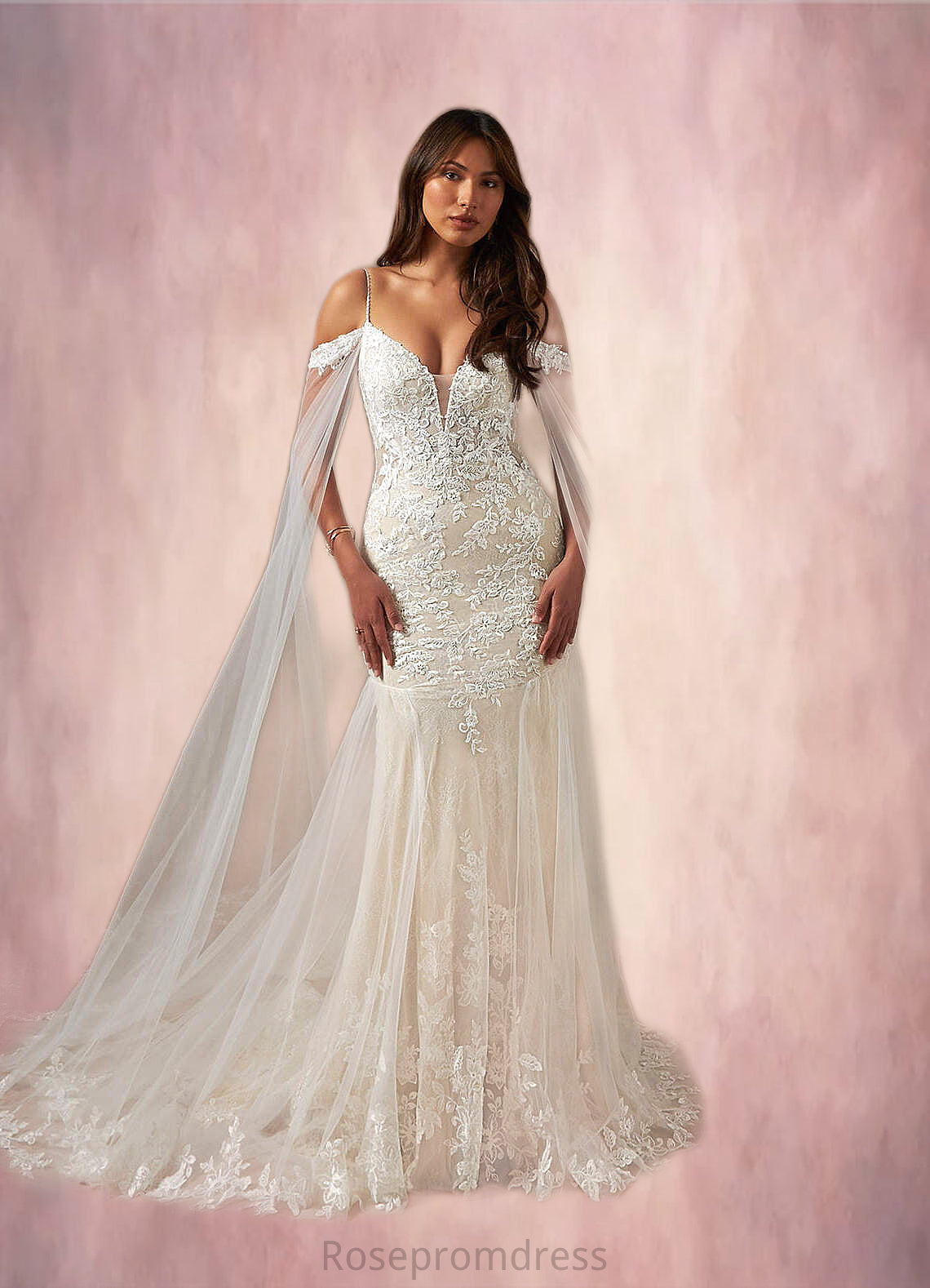 Johanna Mermaid V-Neck Sequins Tulle Cathedral Train Dress Diamond White/Champagne SRSP0022765