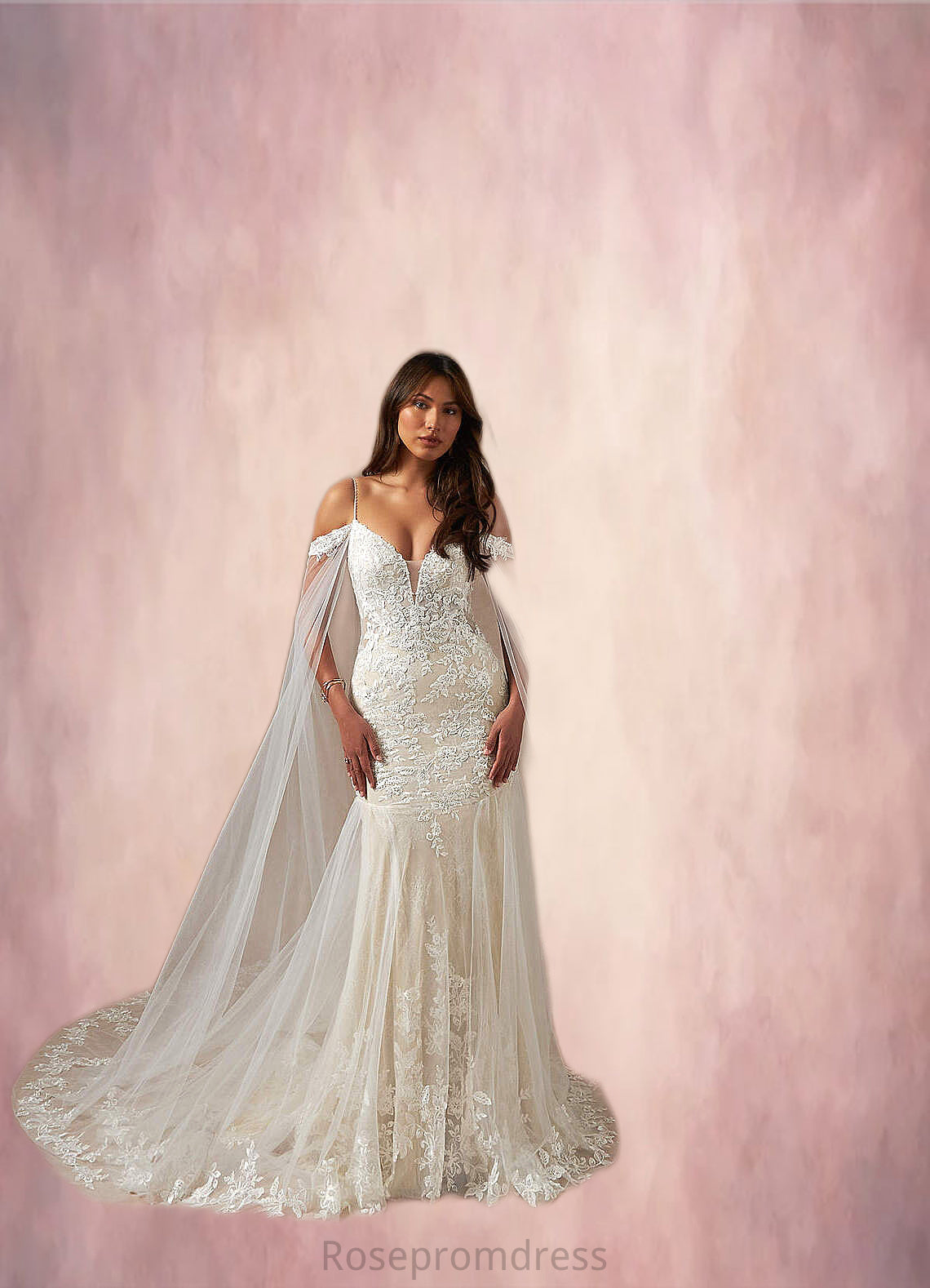 Johanna Mermaid V-Neck Sequins Tulle Cathedral Train Dress Diamond White/Champagne SRSP0022765