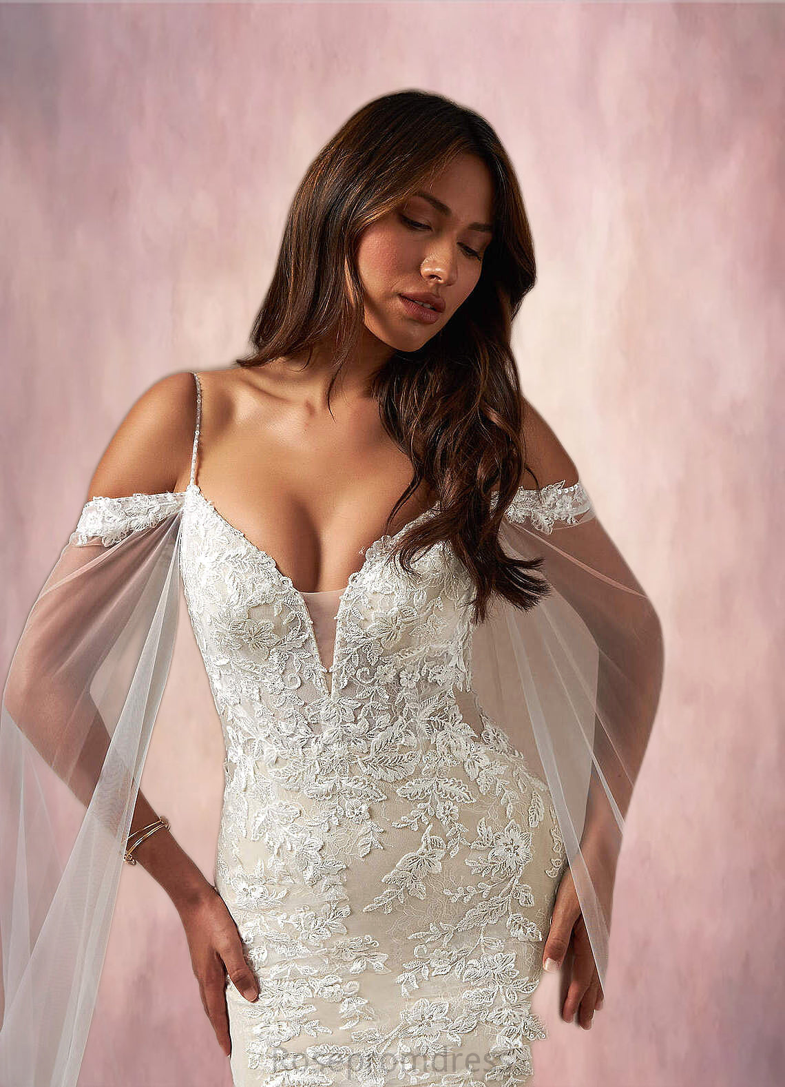 Johanna Mermaid V-Neck Sequins Tulle Cathedral Train Dress Diamond White/Champagne SRSP0022765