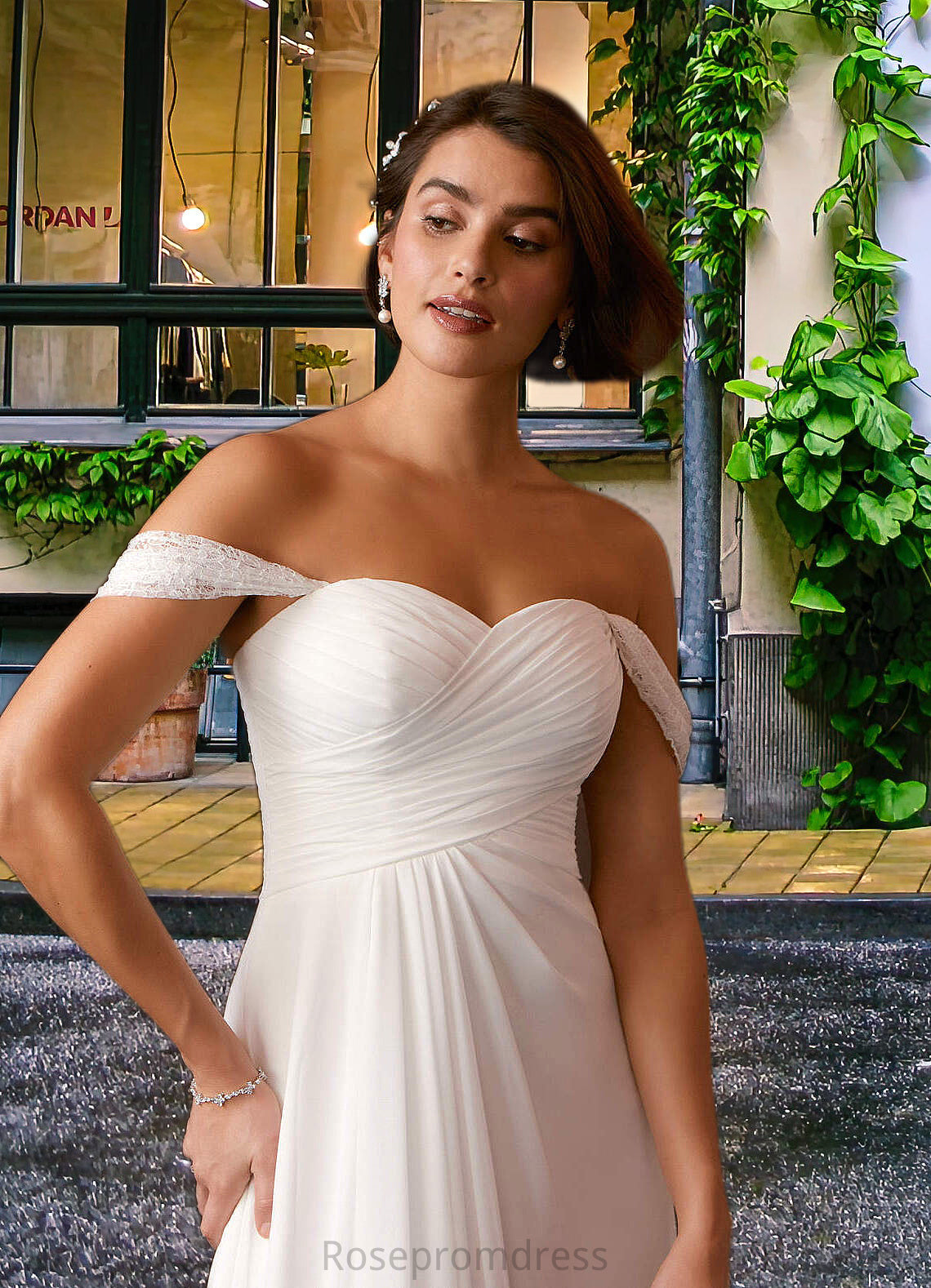 Moriah A-Line Off the Shoulder Chiffon Floor-Length Dress Diamond White SRSP0022768
