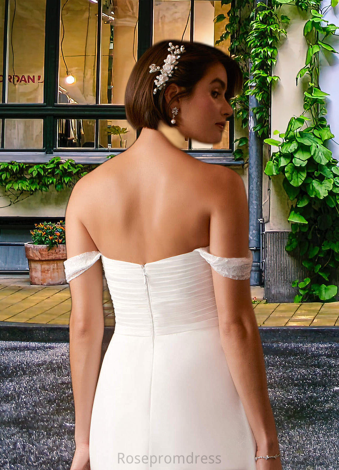 Moriah A-Line Off the Shoulder Chiffon Floor-Length Dress Diamond White SRSP0022768
