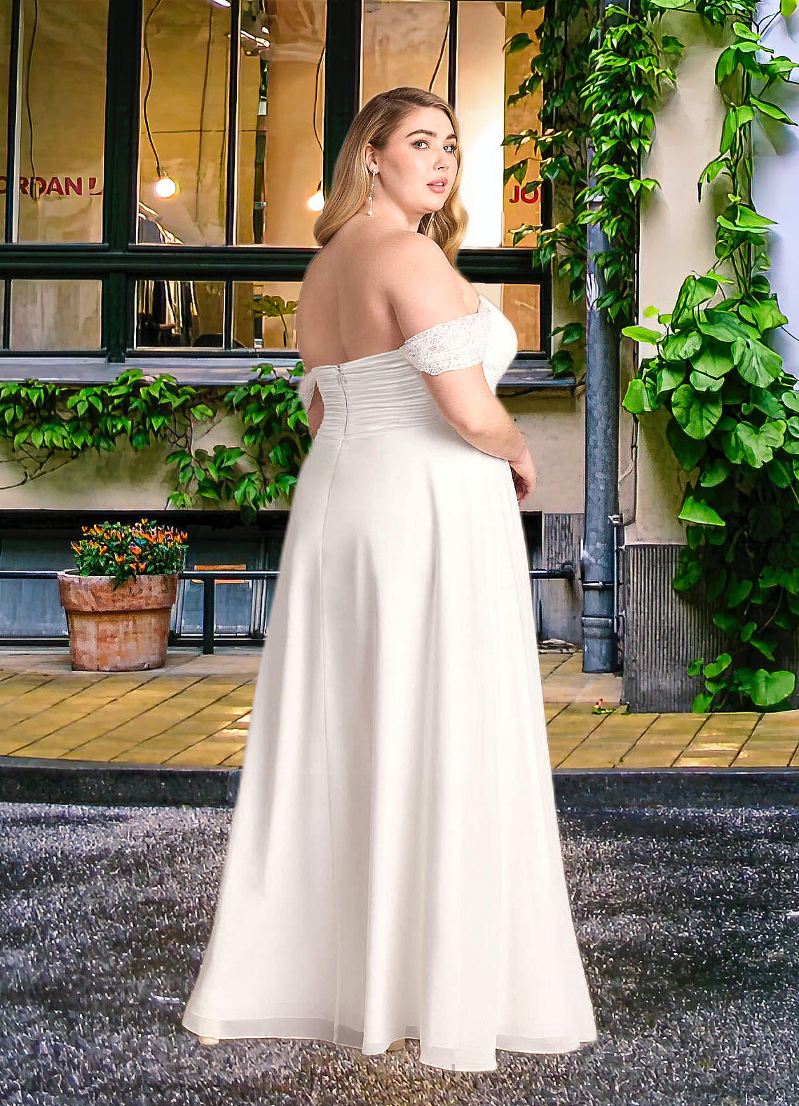 Moriah A-Line Off the Shoulder Chiffon Floor-Length Dress Diamond White SRSP0022768