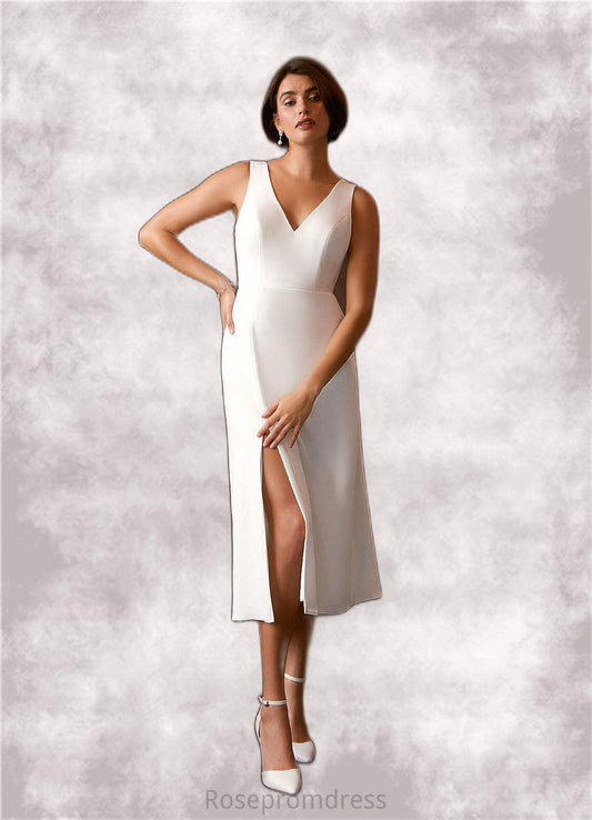 Samantha A-Line V-Neck Stretch Crepe Tea-Length Dress Diamond White SRSP0022769