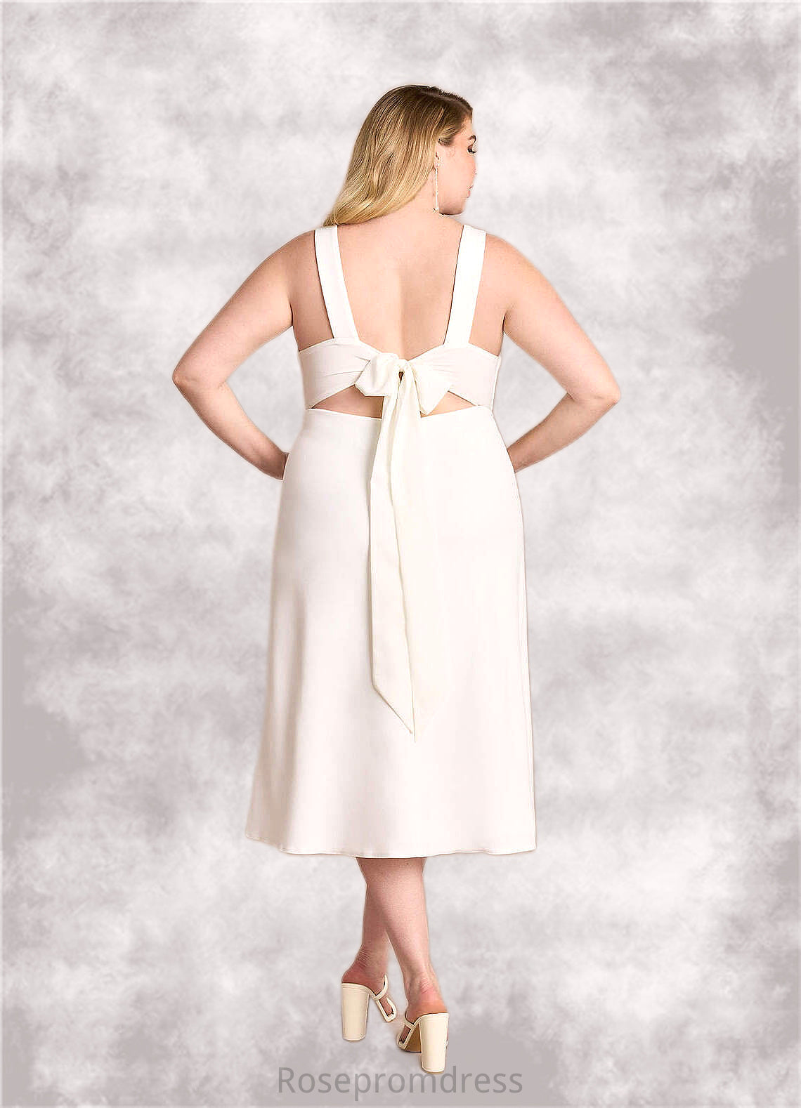 Samantha A-Line V-Neck Stretch Crepe Tea-Length Dress Diamond White SRSP0022769