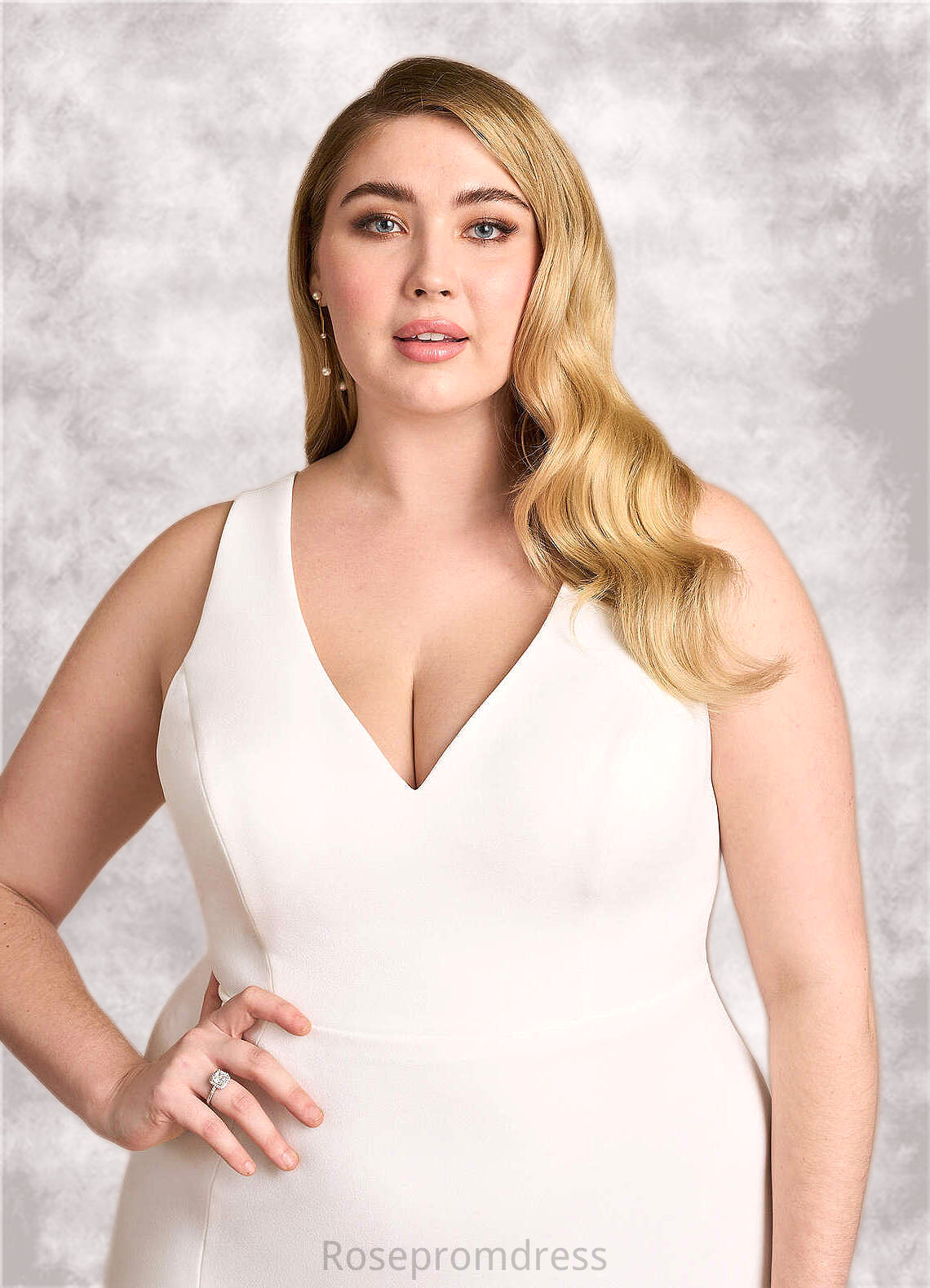 Samantha A-Line V-Neck Stretch Crepe Tea-Length Dress Diamond White SRSP0022769