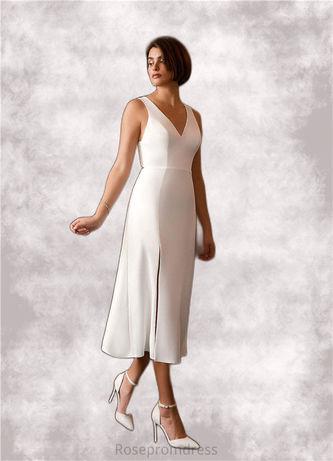 Samantha A-Line V-Neck Stretch Crepe Tea-Length Dress Diamond White SRSP0022769