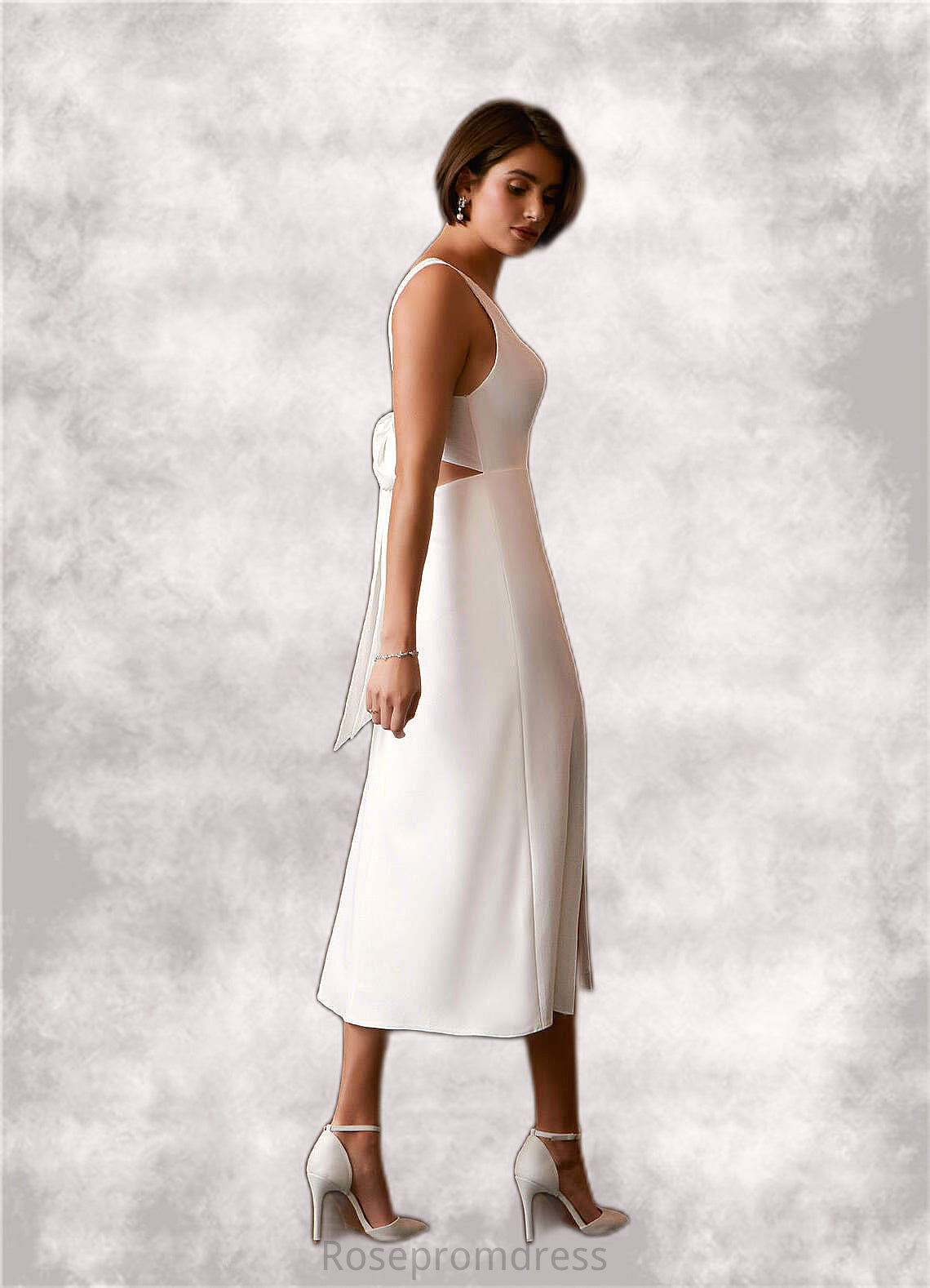 Samantha A-Line V-Neck Stretch Crepe Tea-Length Dress Diamond White SRSP0022769