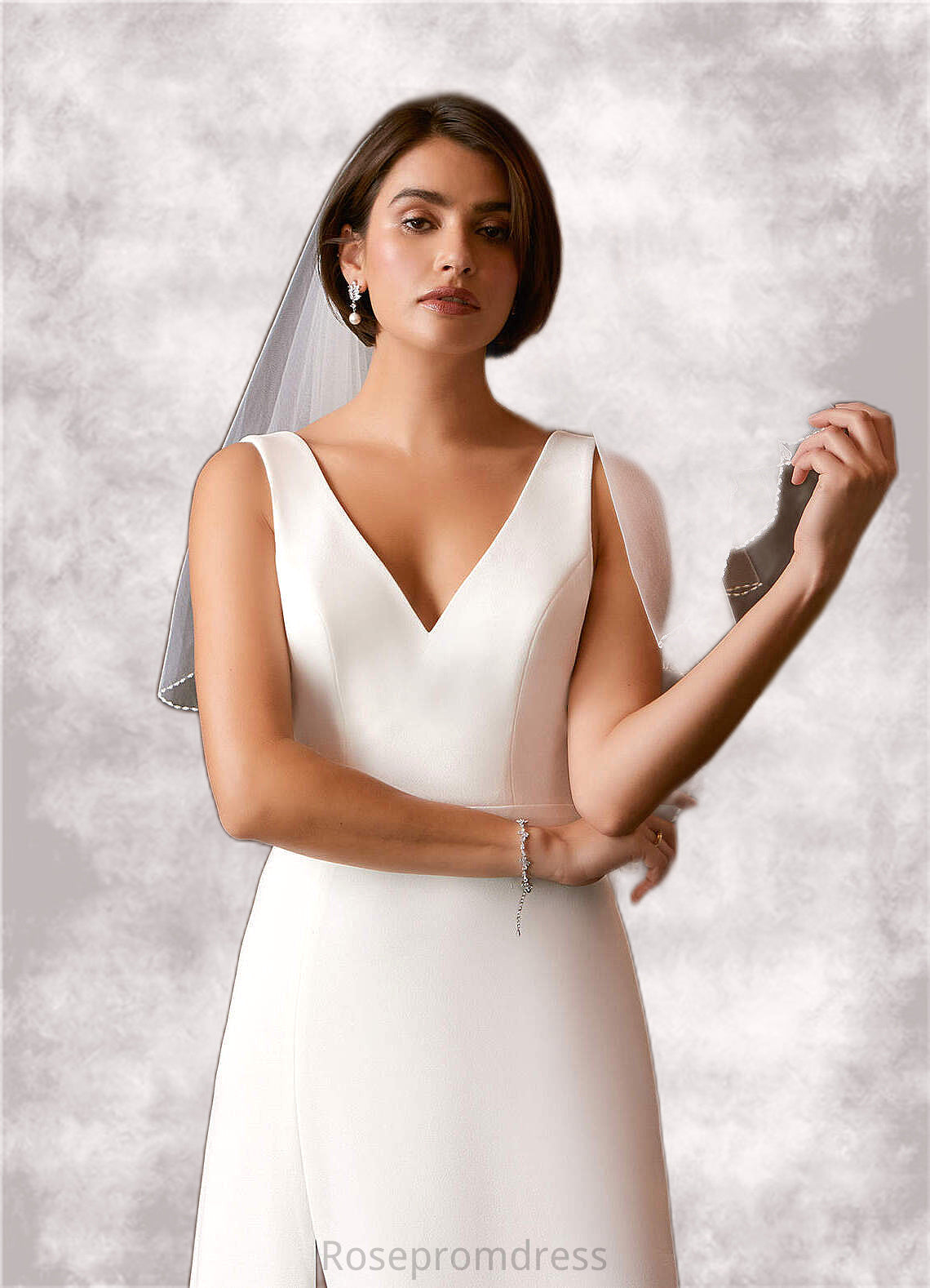 Samantha A-Line V-Neck Stretch Crepe Tea-Length Dress Diamond White SRSP0022769