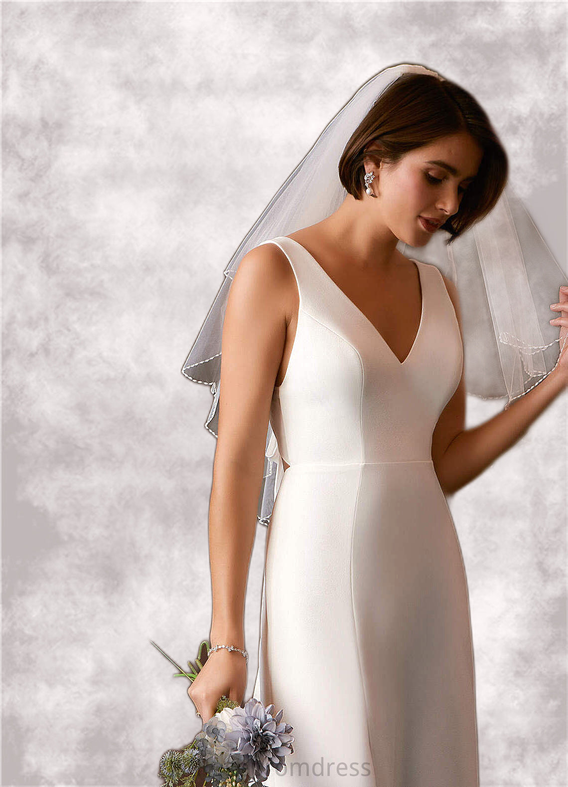 Samantha A-Line V-Neck Stretch Crepe Tea-Length Dress Diamond White SRSP0022769