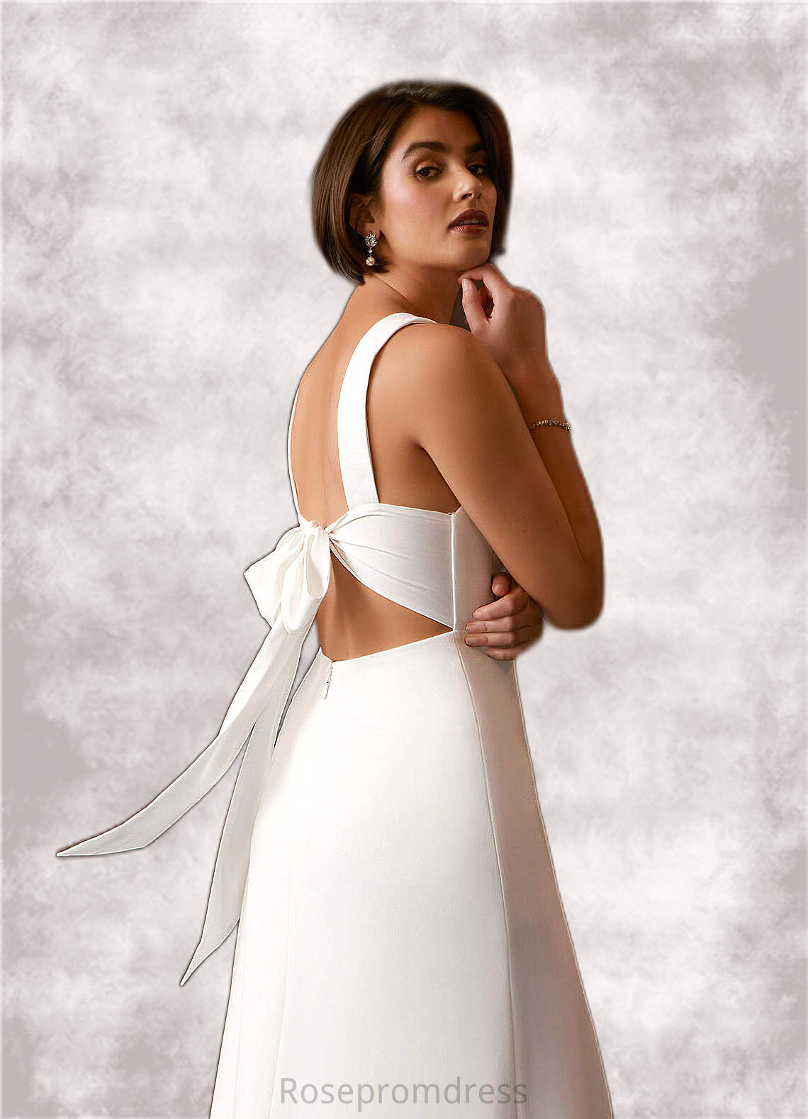 Samantha A-Line V-Neck Stretch Crepe Tea-Length Dress Diamond White SRSP0022769